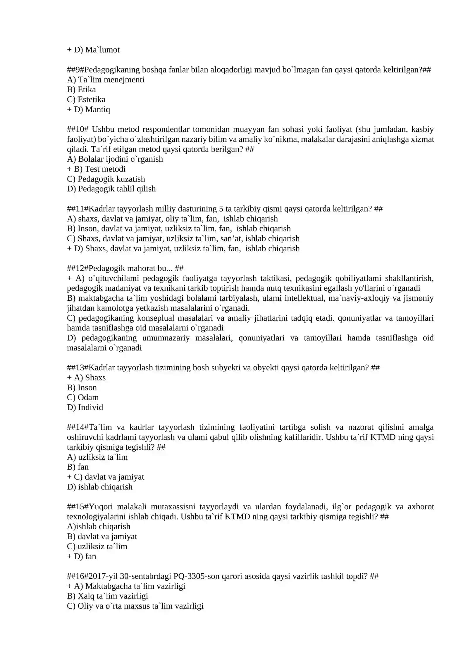 Umumiy pedagogika fanidan test savollari 2