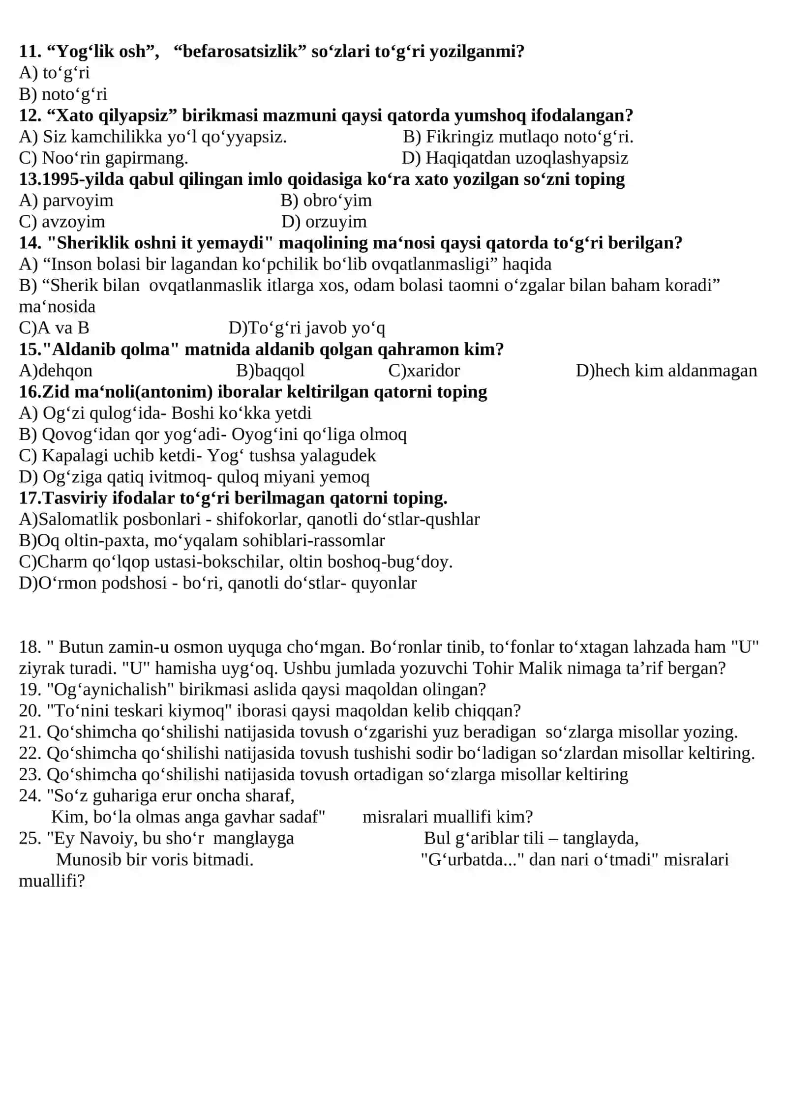 Test. Ona tili. 10-sinf II chorak yakuni uchun 2