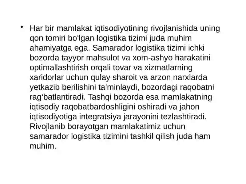 O‘zbekistonda logistika samaradorligi 2