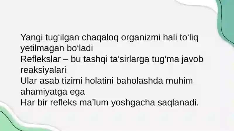 Yangi tuĝilgan chaqaloqlarda reflekslarni aniqlash. 2