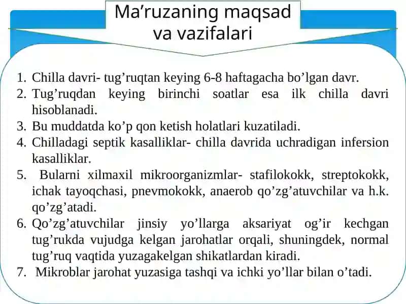 Chilla davri infekstiyalari. Akusherlik 2