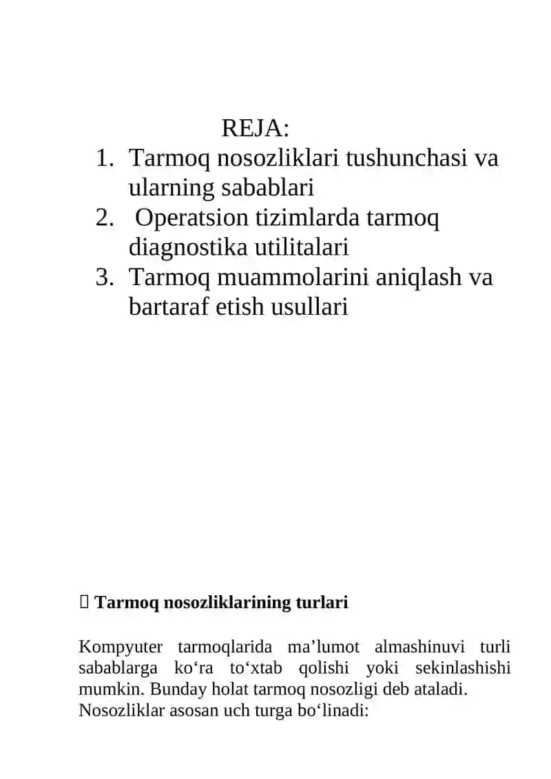 Tarmoq Nosozliklari va ularni bartaraf etish usullari 2