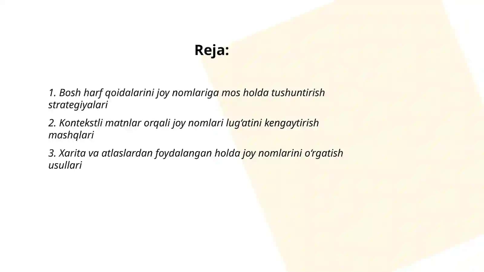 Bosh harf. Joy nomlarini bildiradigan so’zlar 2