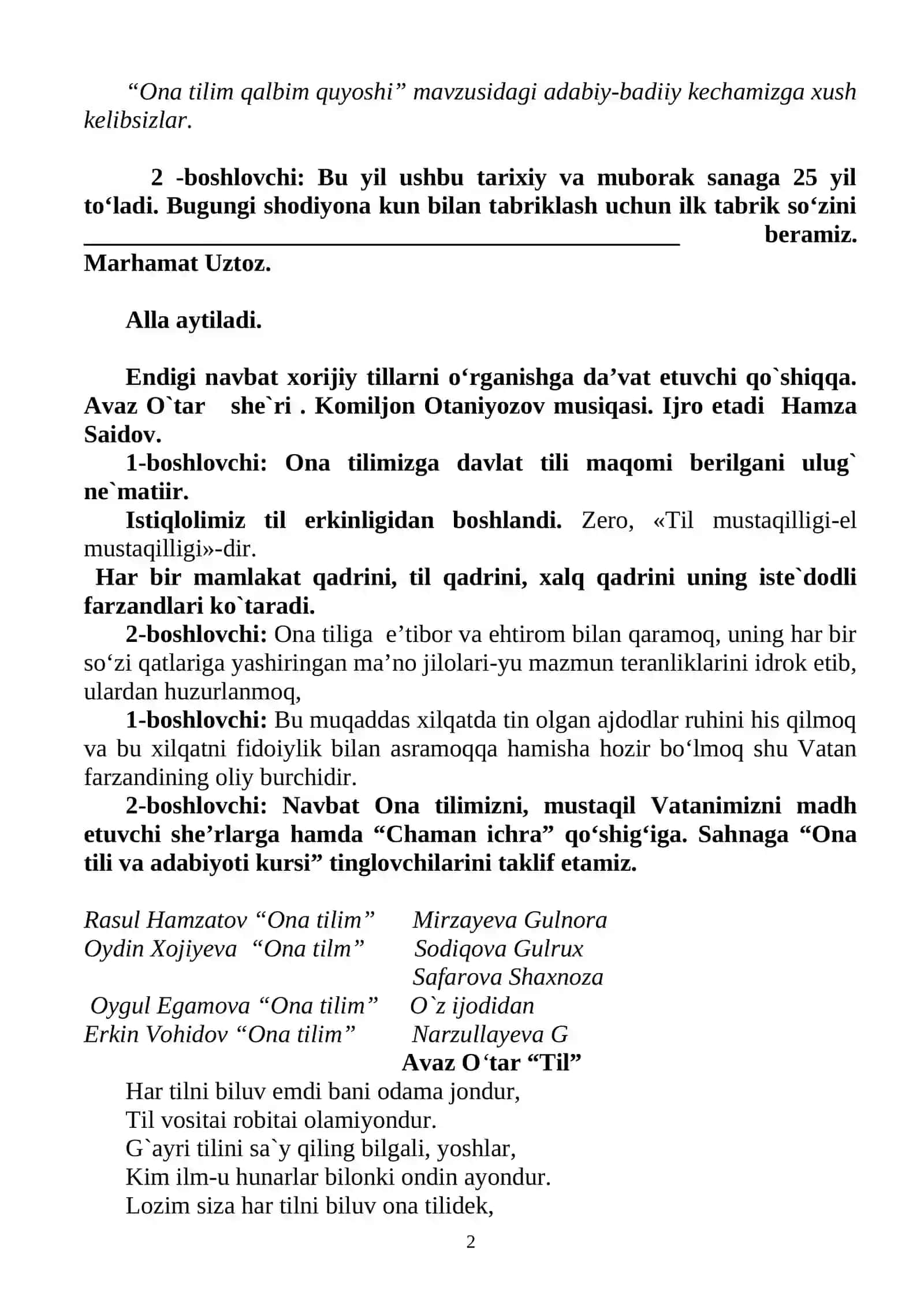 “Til bilgan - el bilar” mavzusidagi tadbir dasturi 2