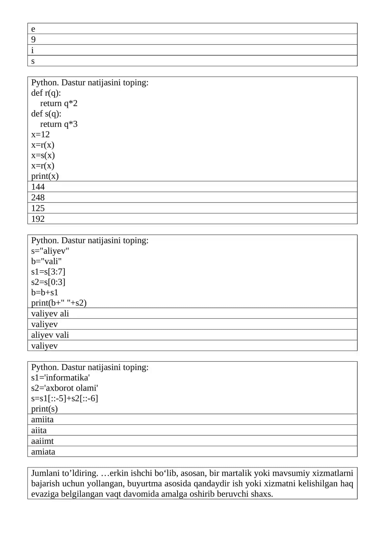 Python. Dastur natijasini toping: 2