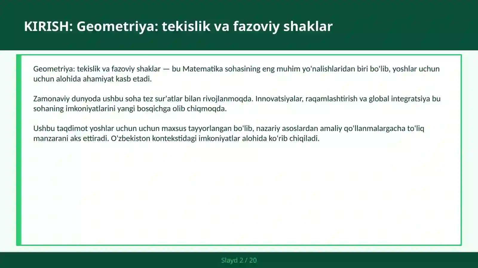 GEOMETRIYA: TEKISLIK VA FAZOVIY SHAKLAR 2