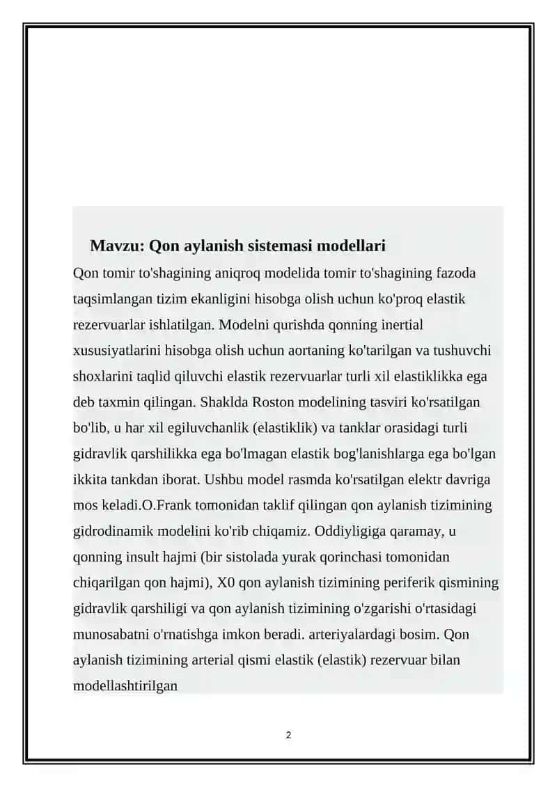 Qon aylanish sistemasi modellari 2