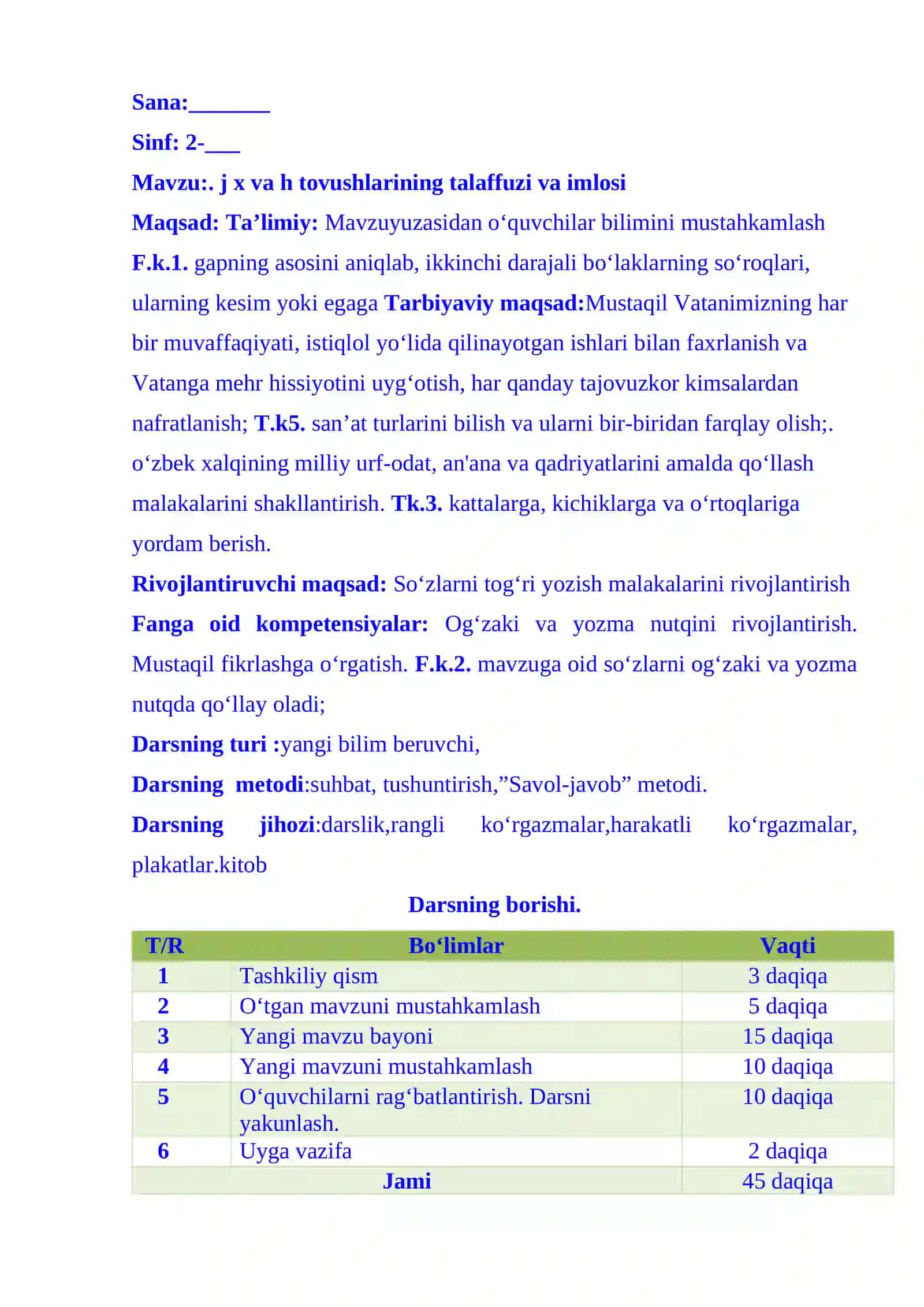 2-sinf ona tili j x va h tovushlarining talaffuzi va imlosi dars ishlanma 2