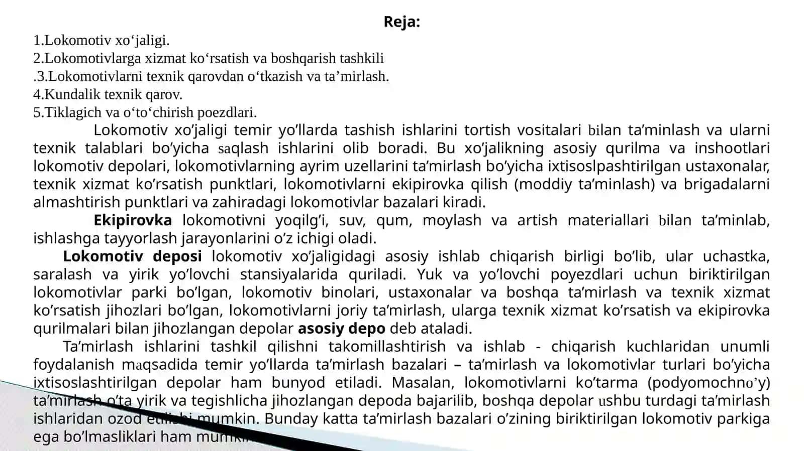 Lokomotivxo’jaligha qida umumiy ma’lumotlar 2