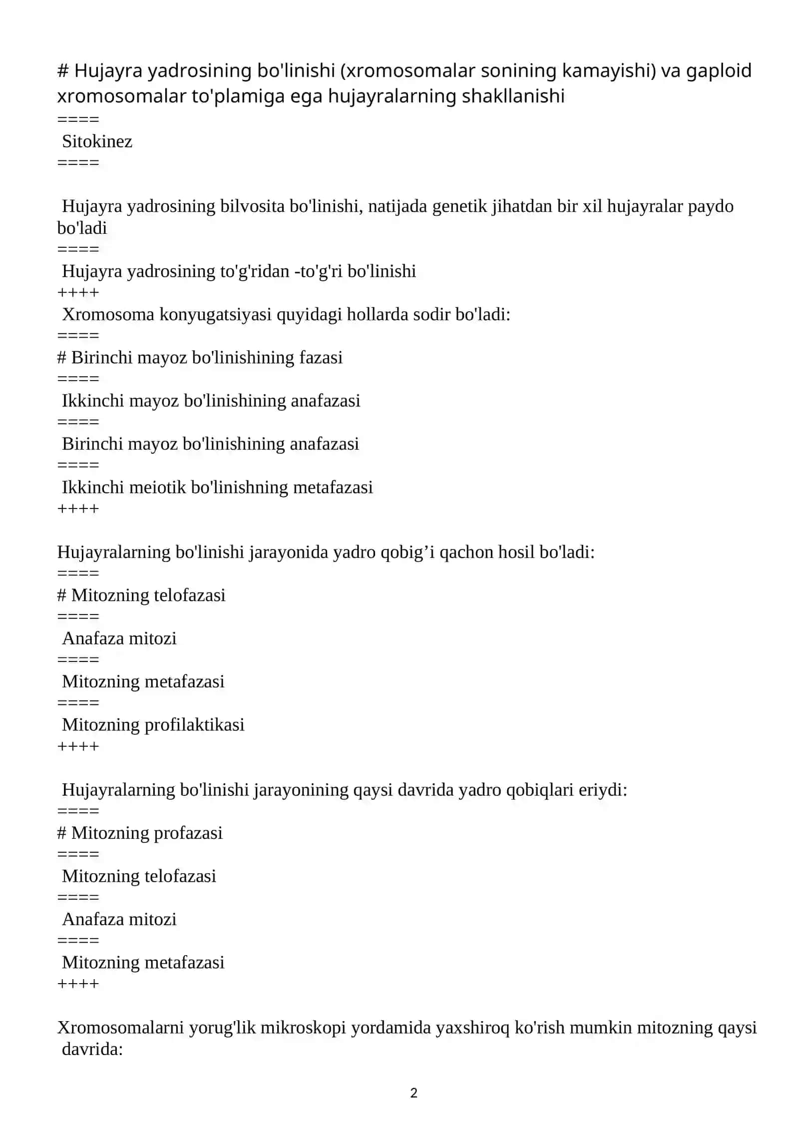TIBBIY BIOLOGIYA FANIDAN PLATFORMA TEST HAMMASI 1-kurs 2