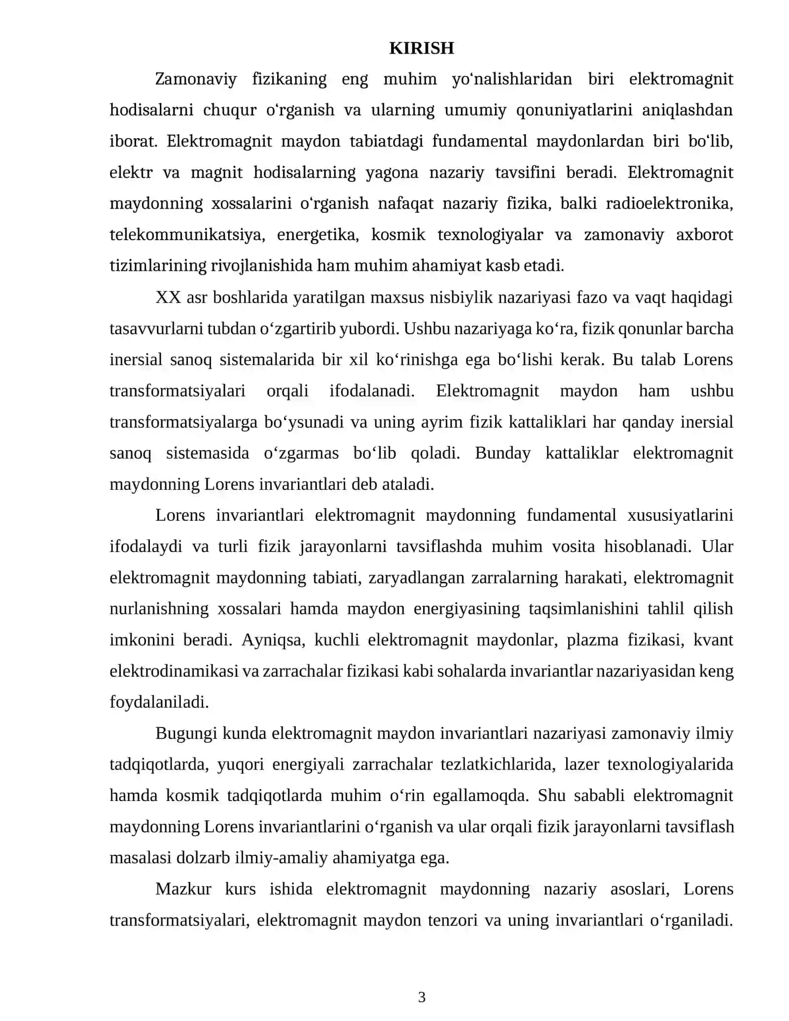 ELEKTROMAGNIT MAYDONNING LORENS INVARIANTLARI VA ULAR ORQALI FIZIK JARAYONLARNI TAVSIFI.docx 2