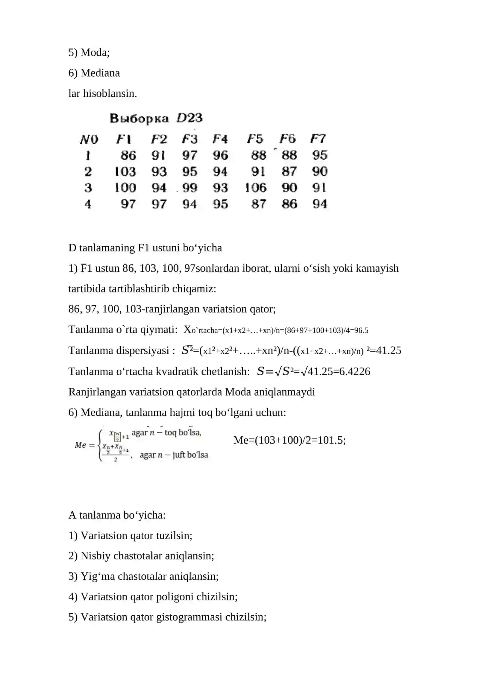 TANLANMANING BOSHLANGʻICH STATISTIK TAHLILI 2