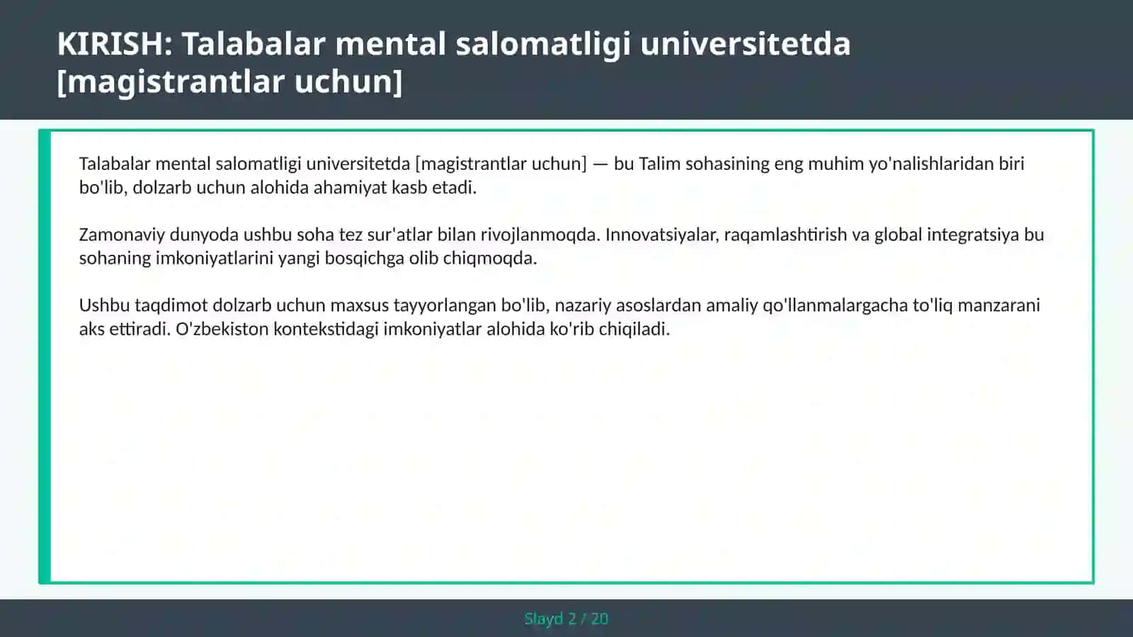 Talabalar mental salomatligi universitetda [magistrantlar uchun] 2