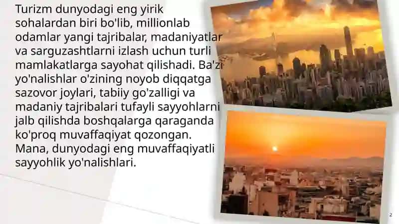 Eng muvaffaqiyatli turizm DESTINATSIYALARI 2