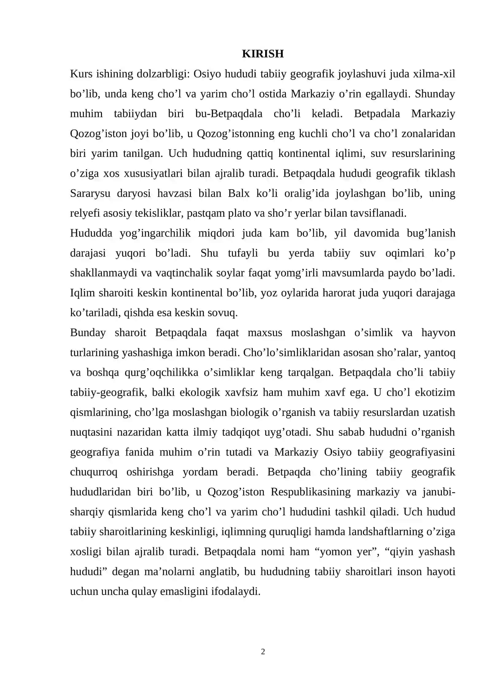 Betbaq dala cho'liga umumiy geografik tavsif 2