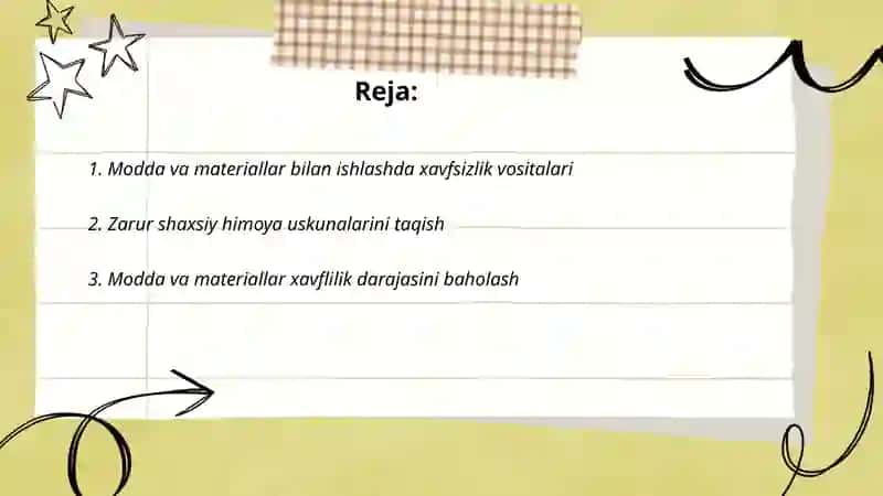 Modda va materiallar bilan ishlashda xavfsizlik vositalari 2