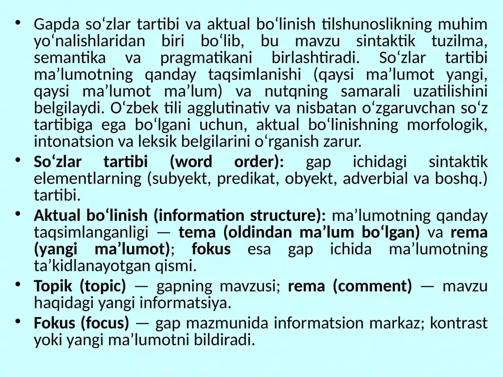 Gapda so`zlar tartibi. Aktual bo`linish 2