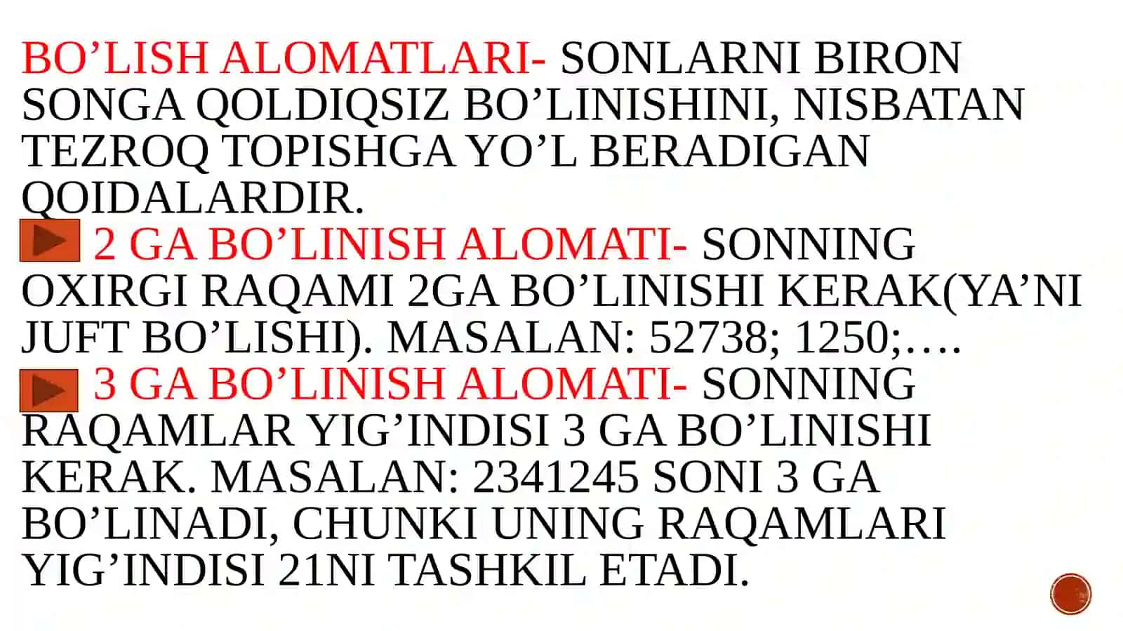 Bo’linish  alomatlari 2