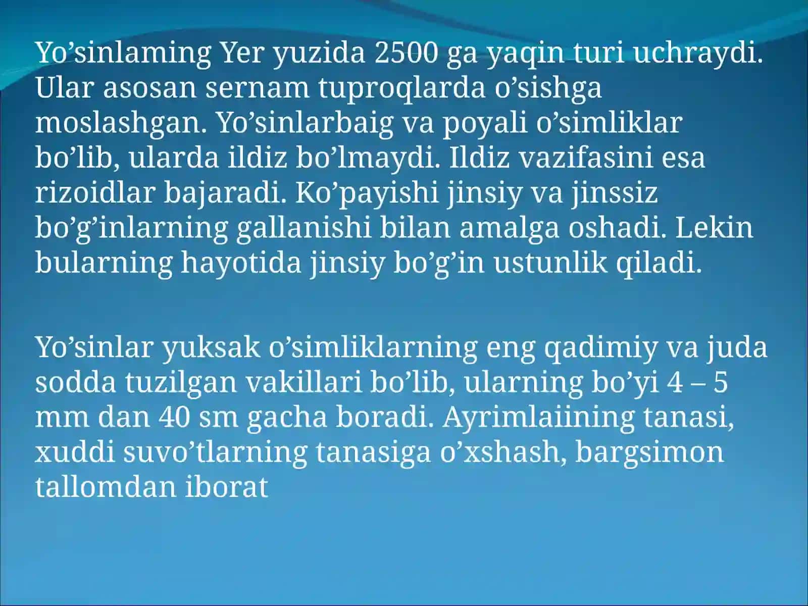 Yo’sintoifalar bo’limi 2