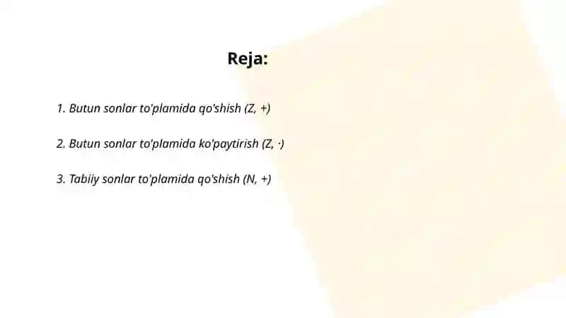 Binar algebraik operatsiyaga misollar 2