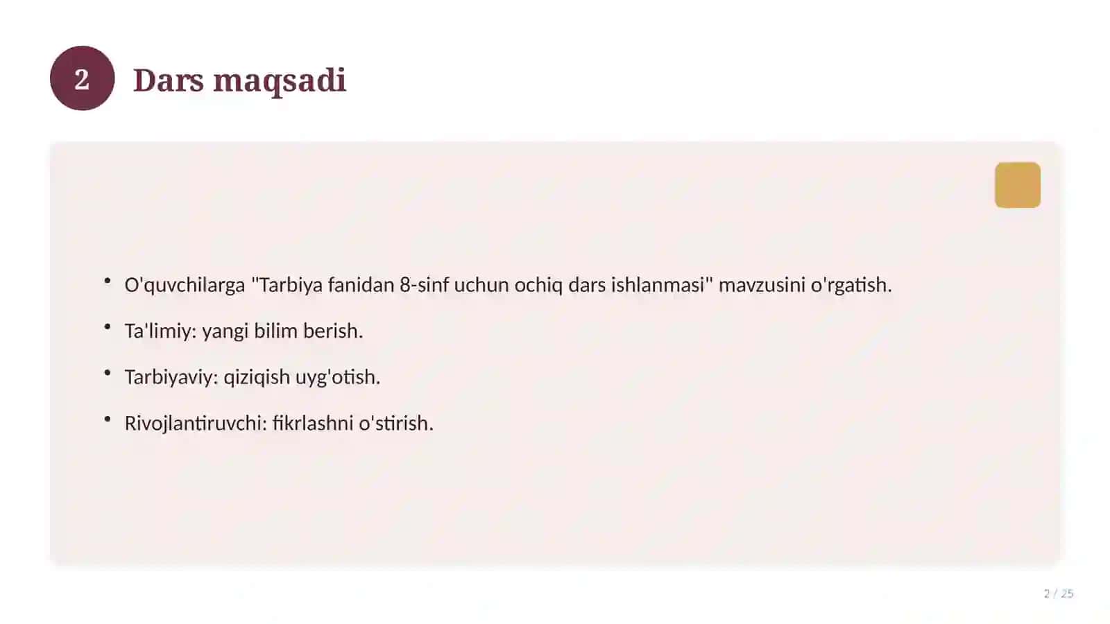 Tarbiya fanidan 8-sinf uchun ochiq dars ishlanmasi 2