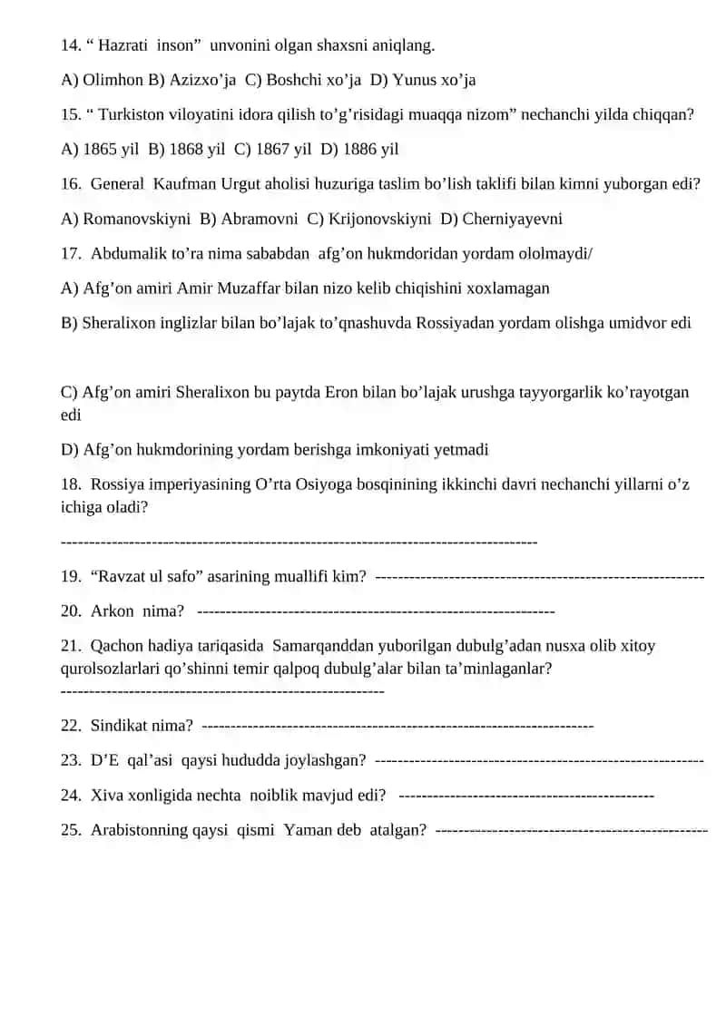 Tarix fanidan test savollari 2
