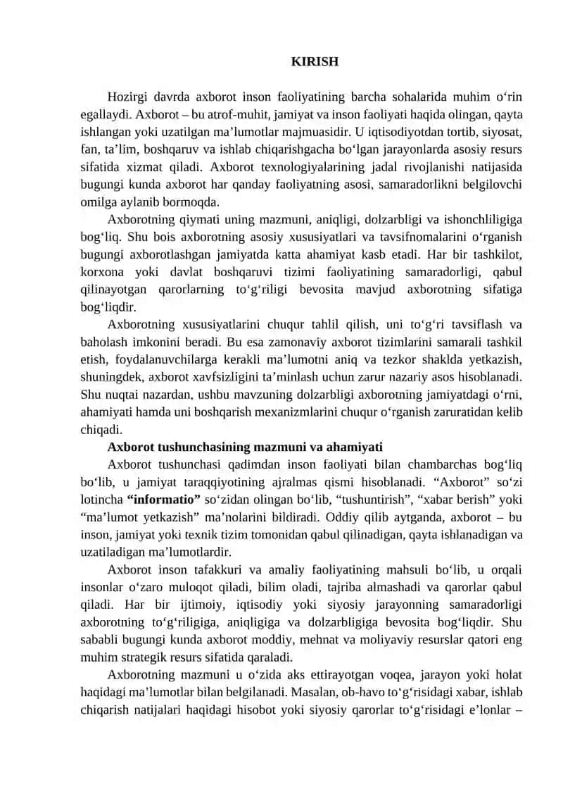 Axborotlarning asosiy xususiyatlari va tavsifnomasi 2