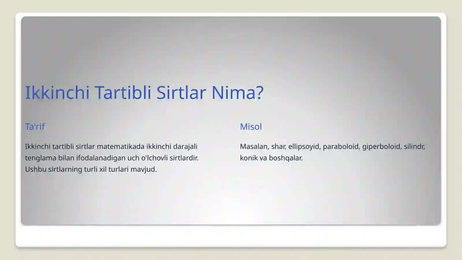 Ikkinchi Tartibli Sirtlarning Urinma Tekisligi 2