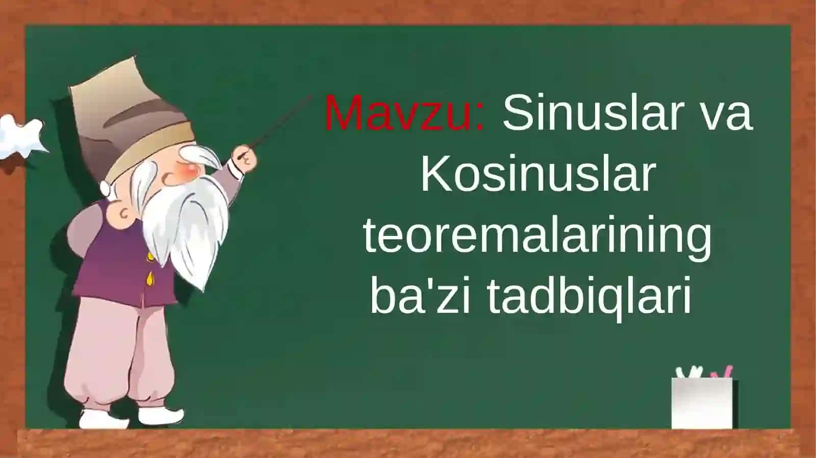 9-sinf Geometriya Sinuslar va kosinuslar teoremalarining ba'zi tatbiqlari 2