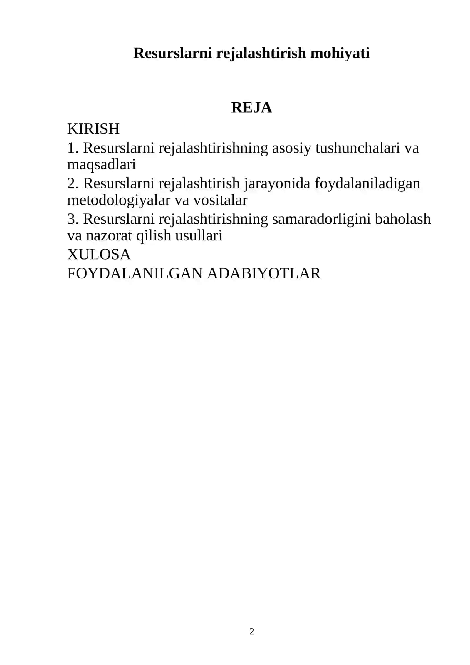Mustaqil ish: Resurslarni rejalashtirish mohiyati 2