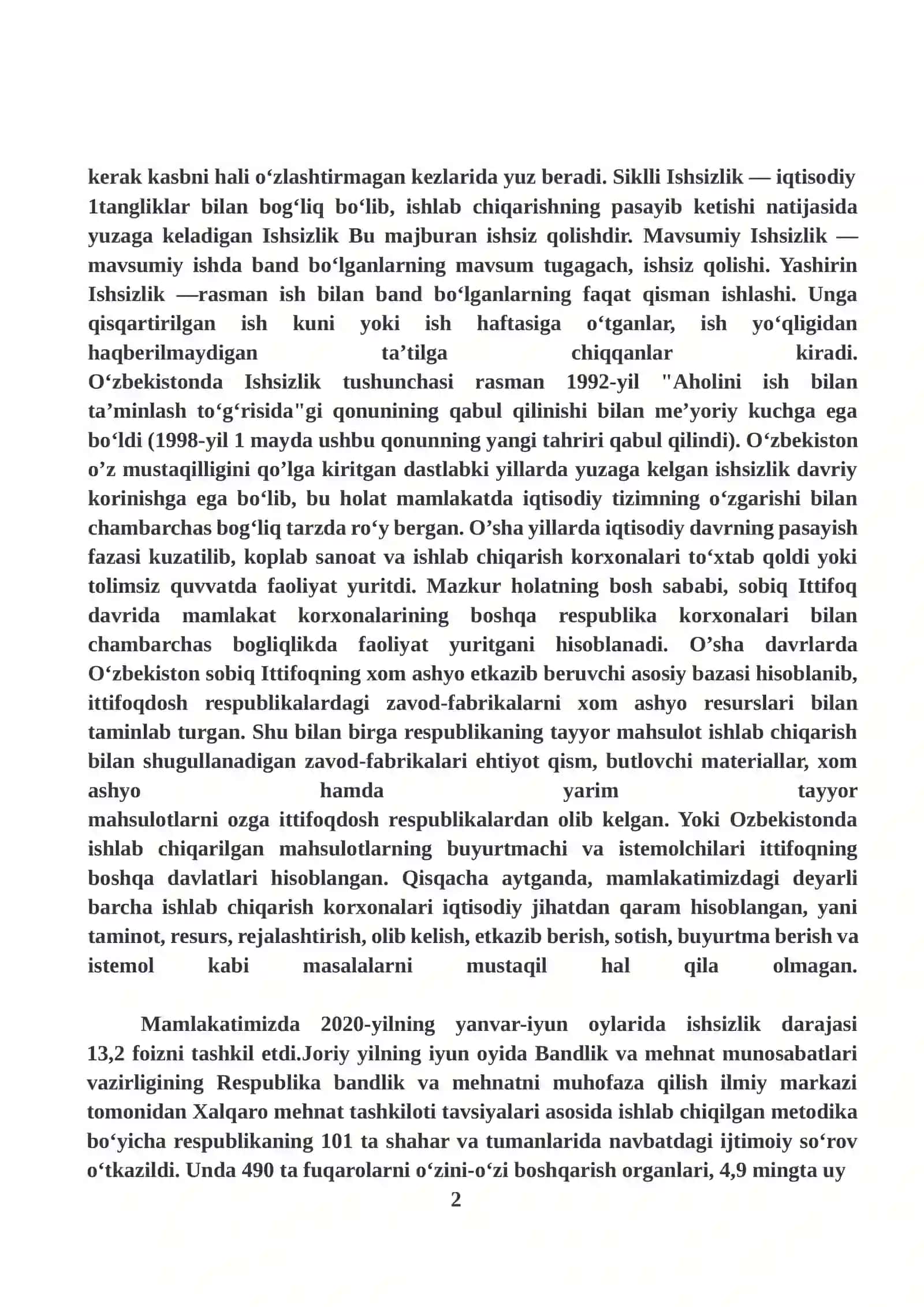 O’ZBEKISTONDA ISHSIZLIK MUOMMOSI VA UNI BARTARAF ETISH 2