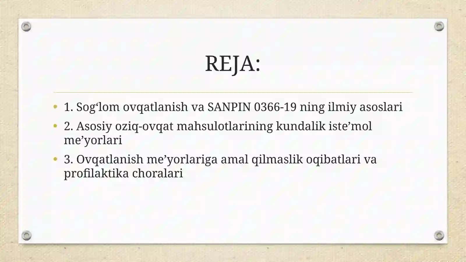 Ovqatlanish va SANPIN 0366-19 2
