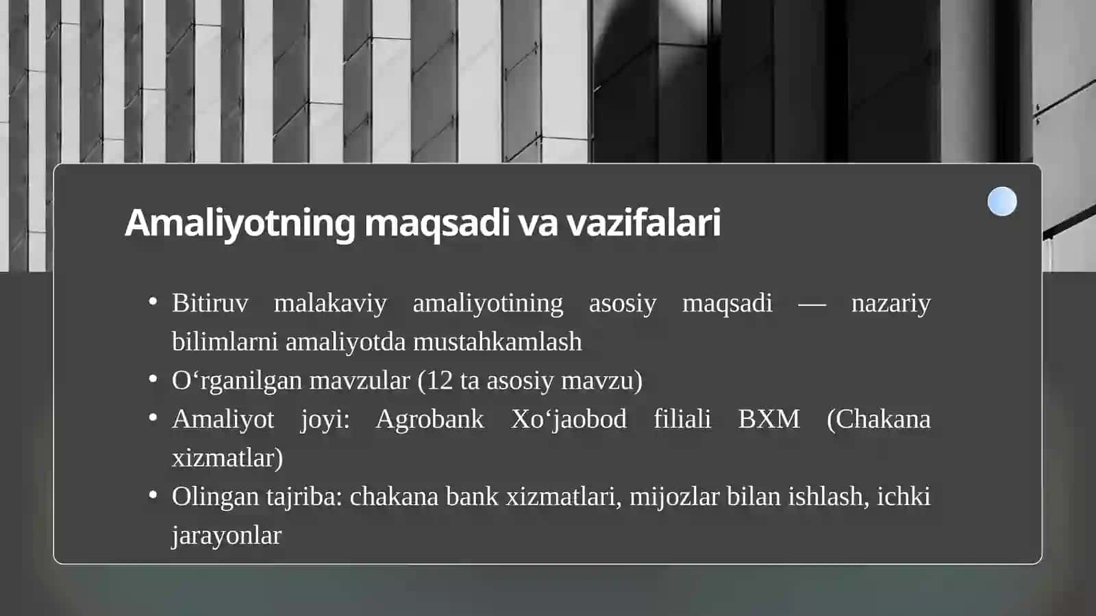“AGROBANK” BANK AMALIYOT HISOBOTI SLAYTI 2