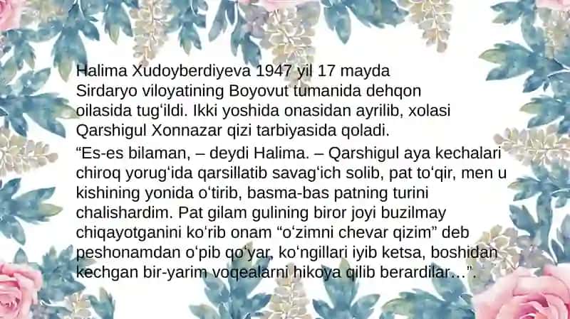 HALIMA XUDAYBERDIYEVA SHE’RIYATIDA LIRIK QAHRAMON 2