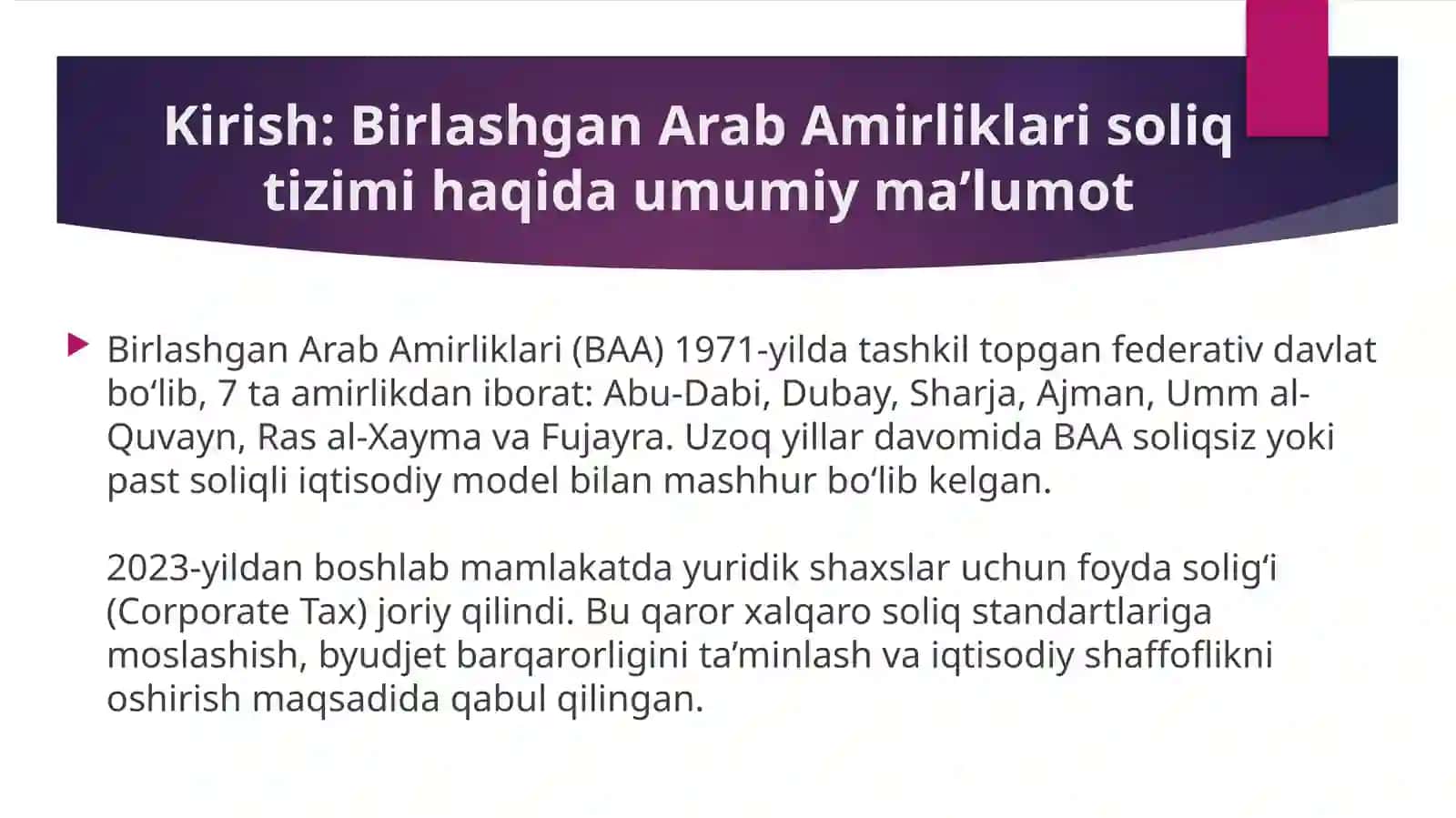 Birlashgan Arab Amirliklarida foyda solig‘i 2