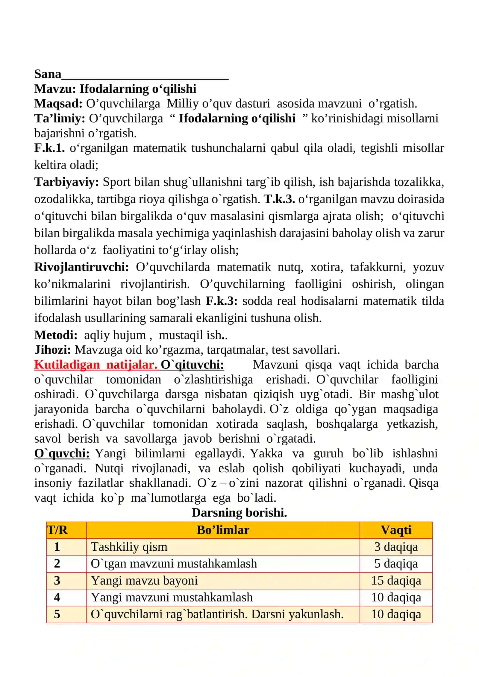 Ifodalarning o‘qilishi 1-sinflar uchun Matematika fanidan dars ishlanmasi 2