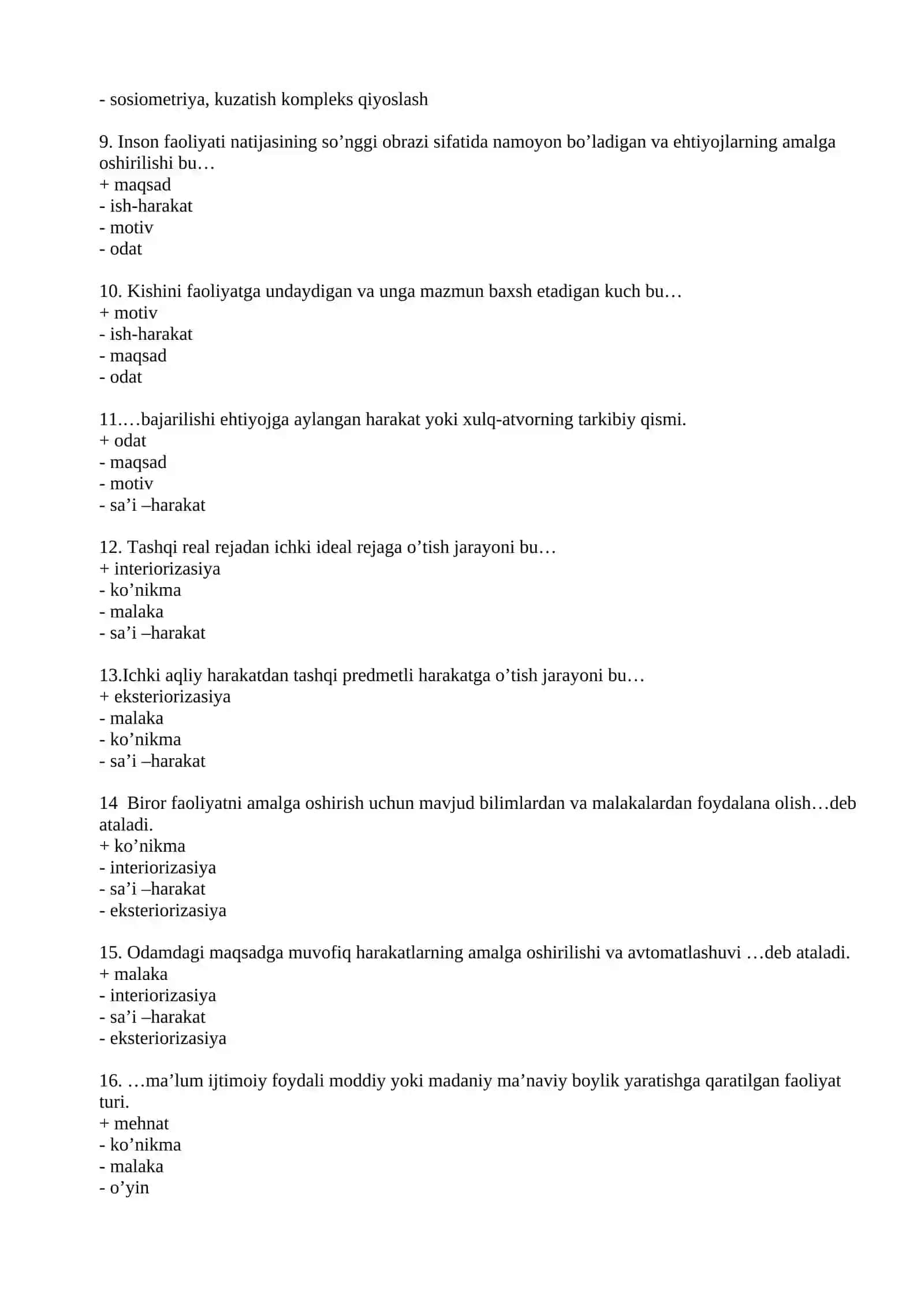 UMUMIY PSIXOLOGIYA FANIDAN TEST SAVOLLARI VA JAVOBLARI 2