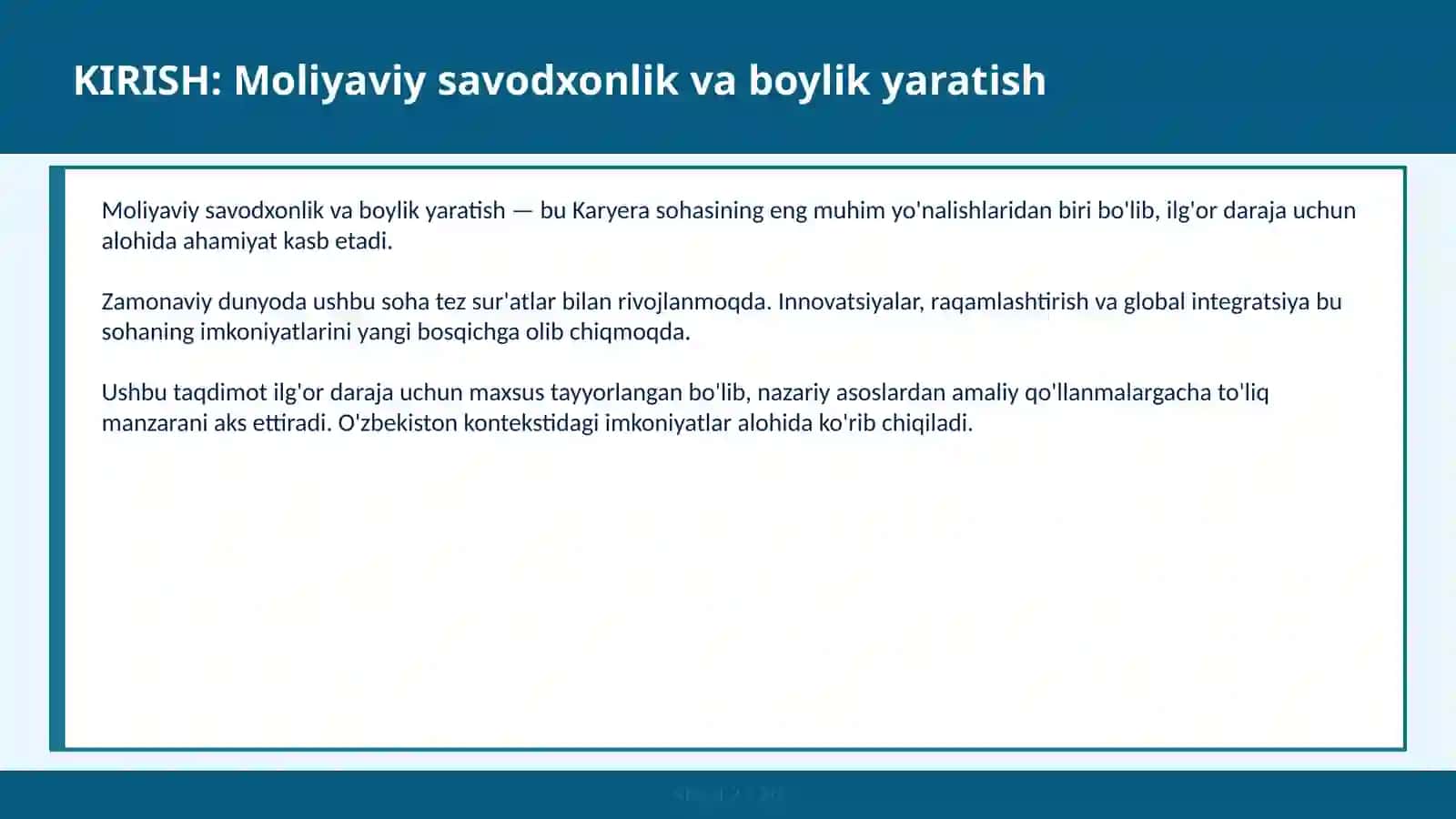 Moliyaviy savodxonlik va boylik yaratish 2