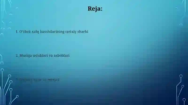 Oʻzbek xalq baxshilari xaqida malumotga ega bo'lish 2