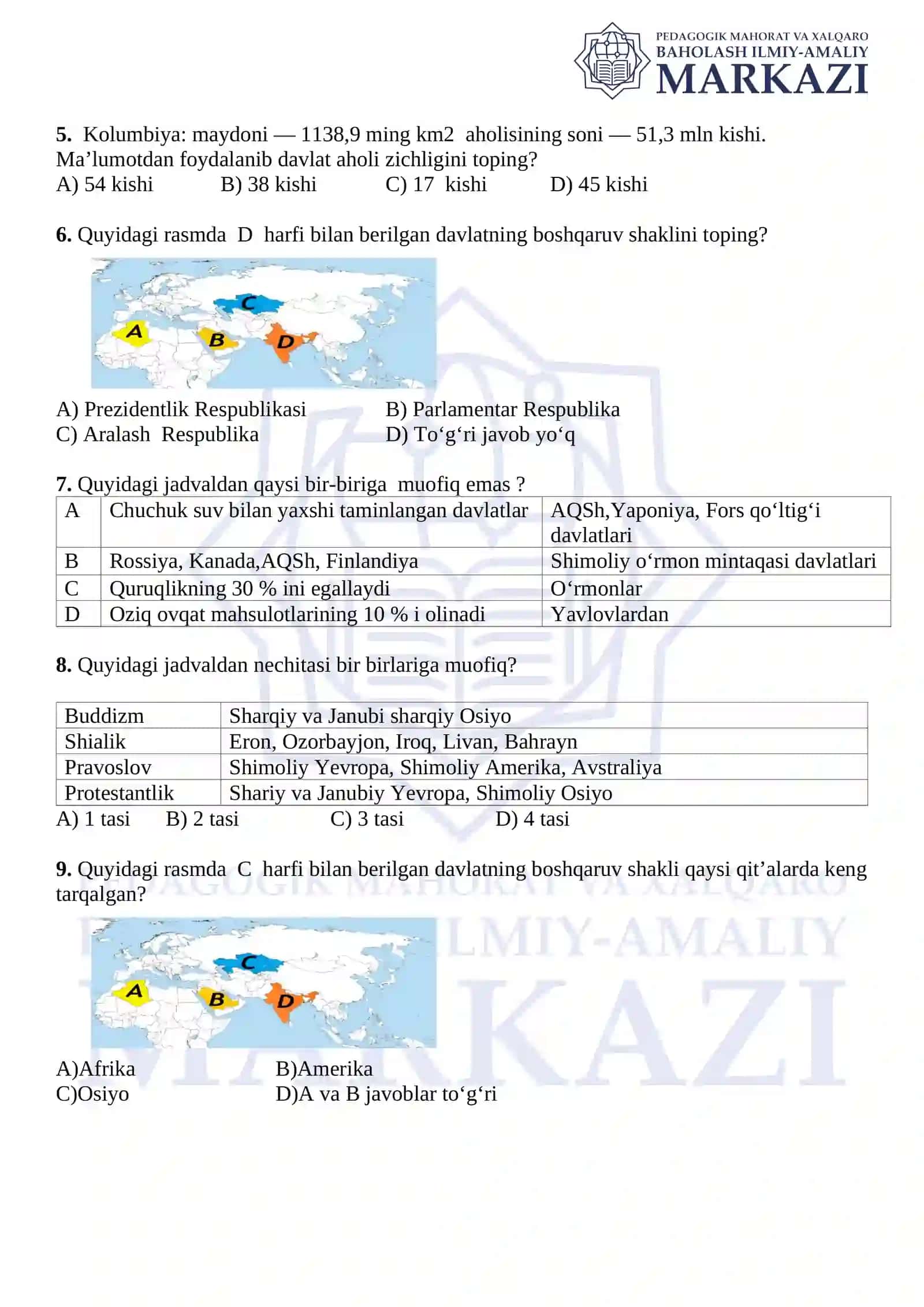 9-sinf geografiya testi 2