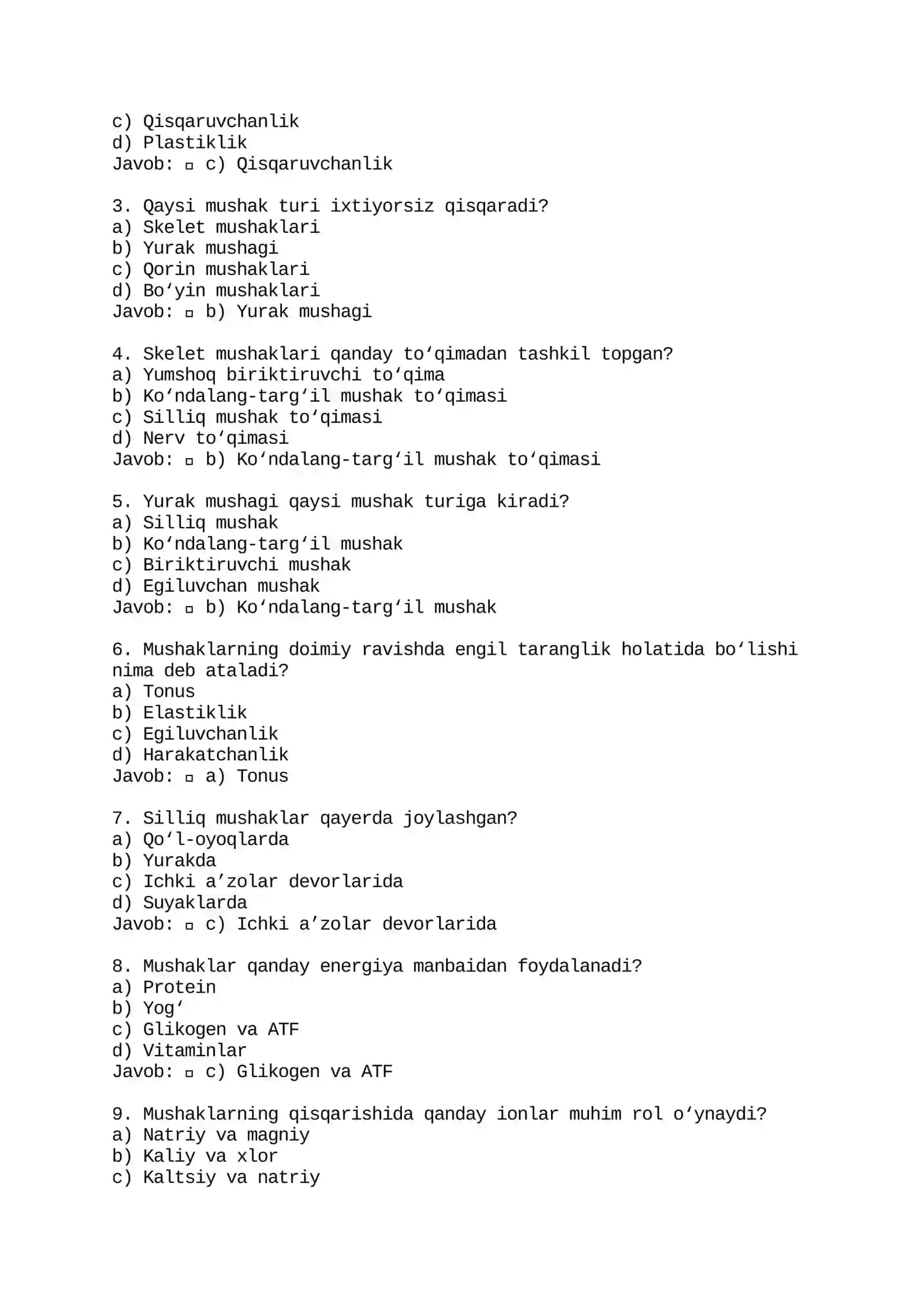 Mushaklar haqida test savollari va javoblari 2
