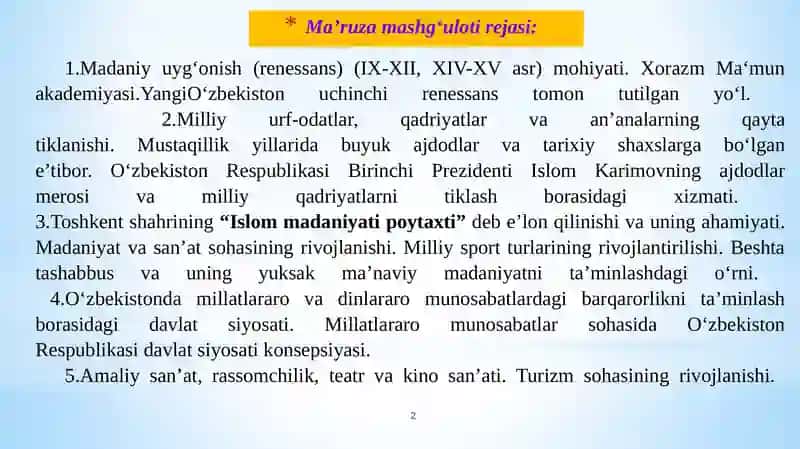 Mustaqillik yillarida O‘zbekiston dagi ma’naviy va madaniy taraqqiyot 2