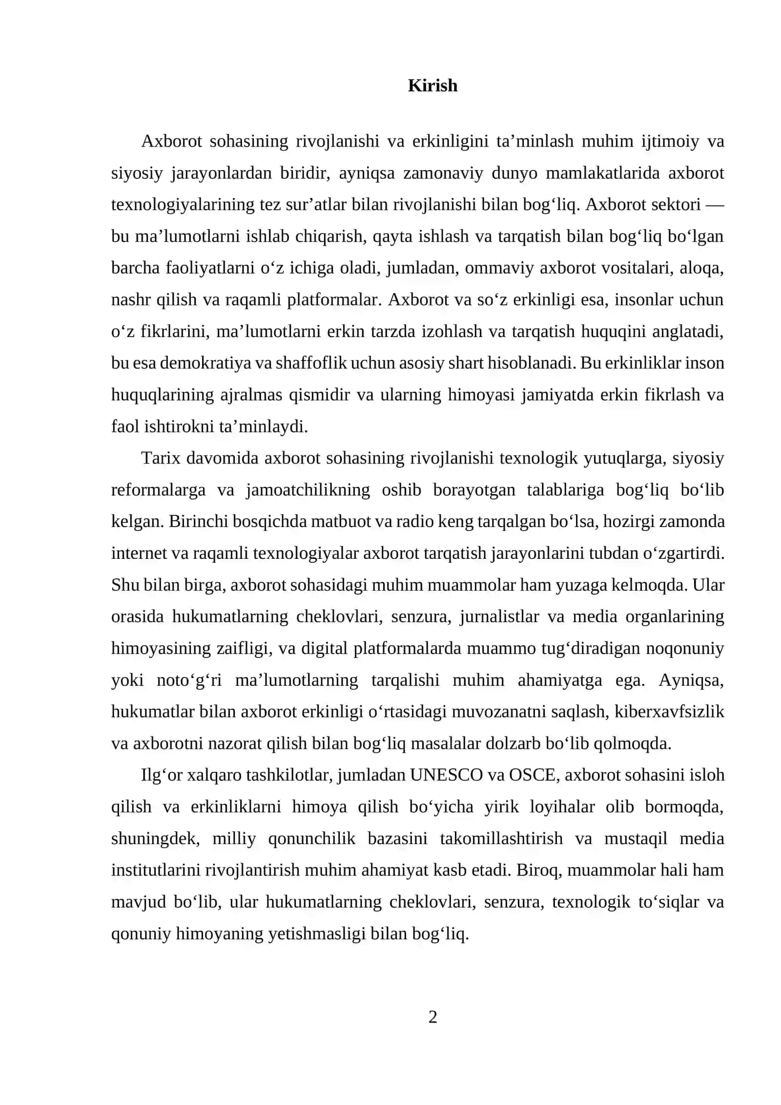 Axborot sohasini isloh qilish, axborot va so‘z erkinligini ta’minlash Reja 2