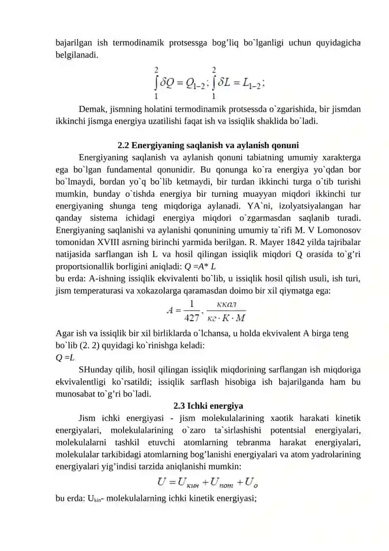 MA`RUZA. TEMODINAMIKANING BIRINCHI QONUNI 2