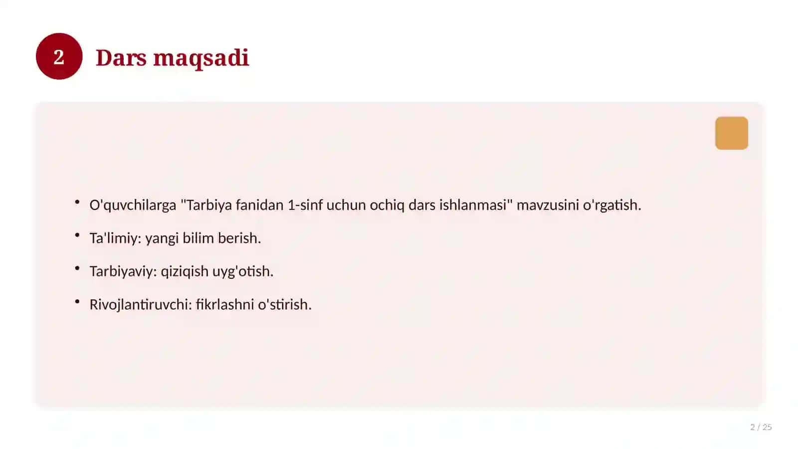 Tarbiya fanidan 1-sinf uchun ochiq dars ishlanmasi 2