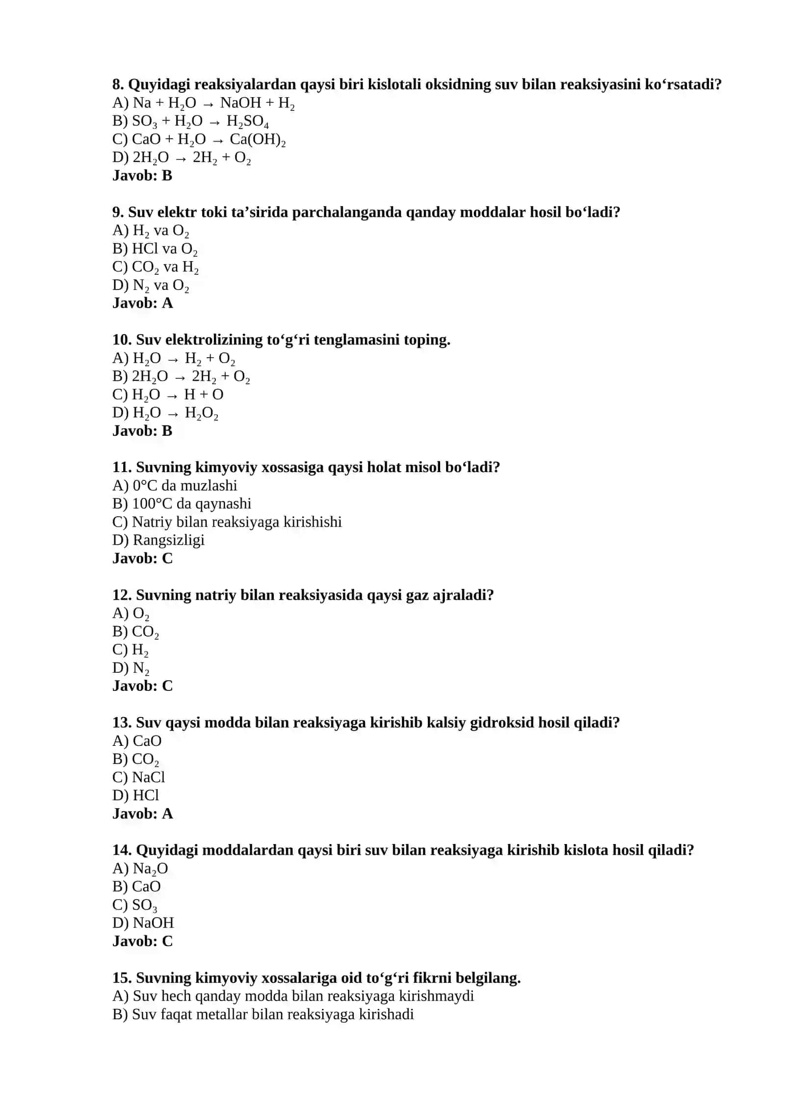 Suvning kimyoviy xossalari — 15 ta test 2