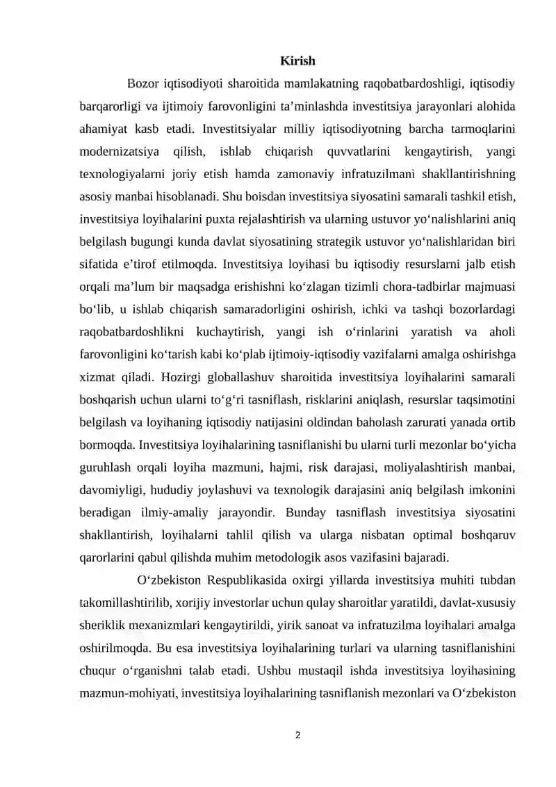 Investitsiya loyihalarining tasniflanishi 2