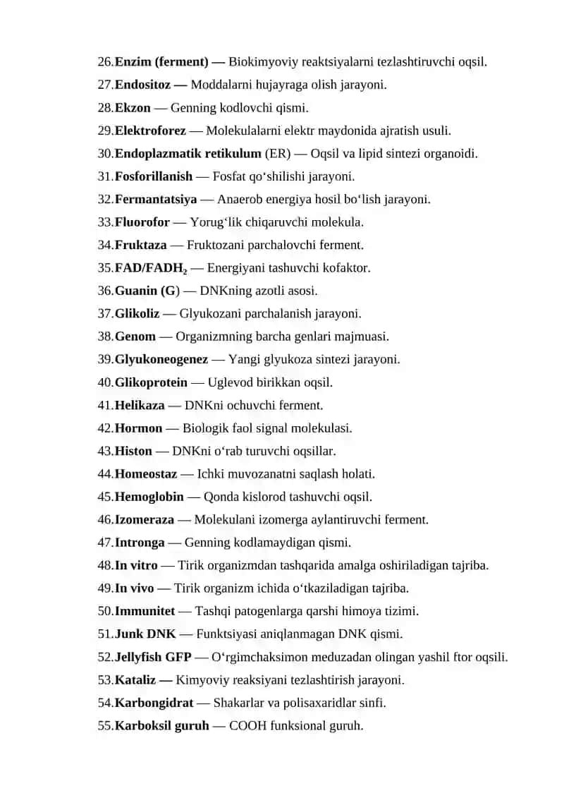 Biokimyo Va Molekulyar Biologiya Fanidan  Glossary 2