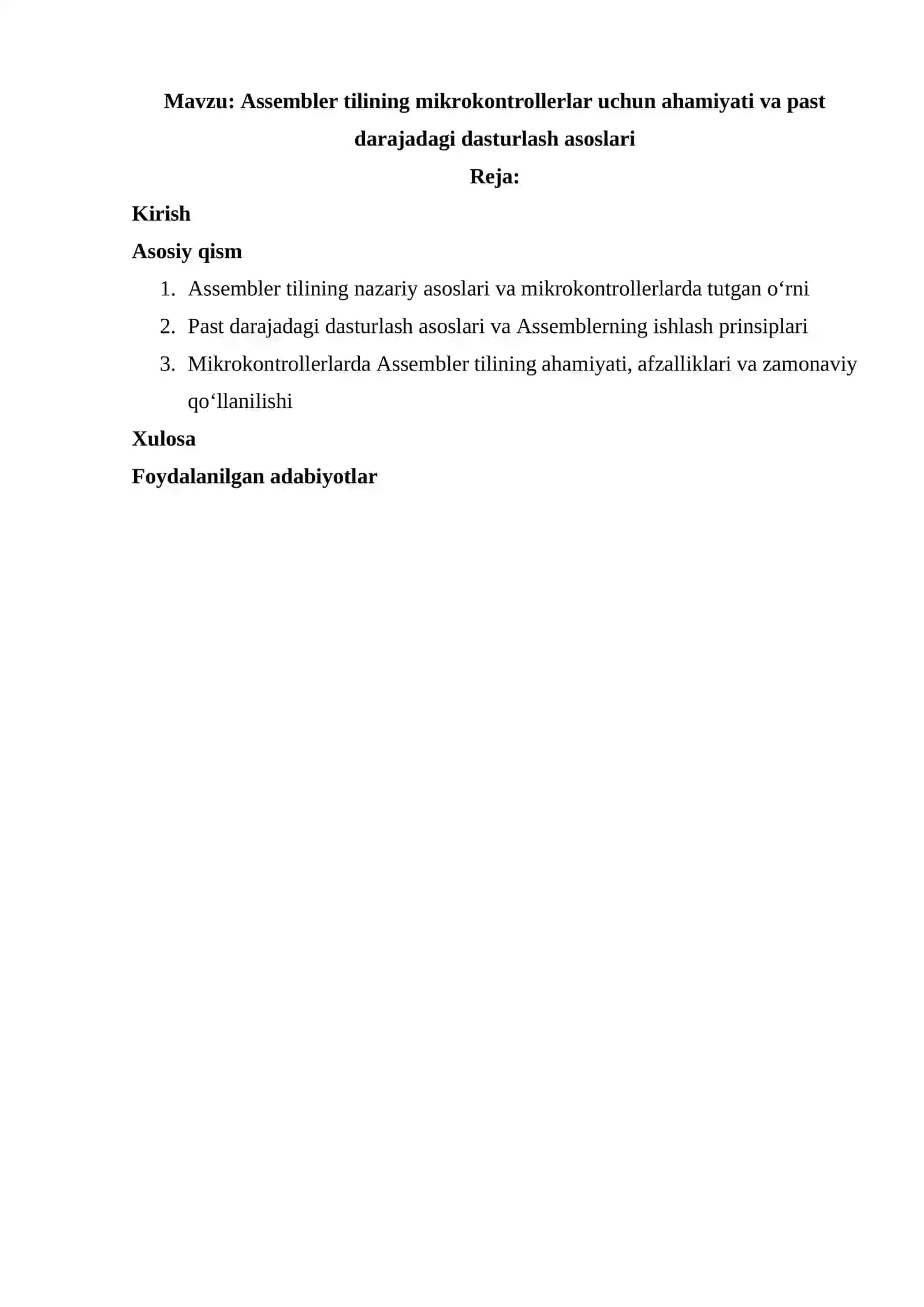 Assembler tilining mikrokontrollerlar uchun ahamiyati va past darajadagi dasturlash asoslari 2