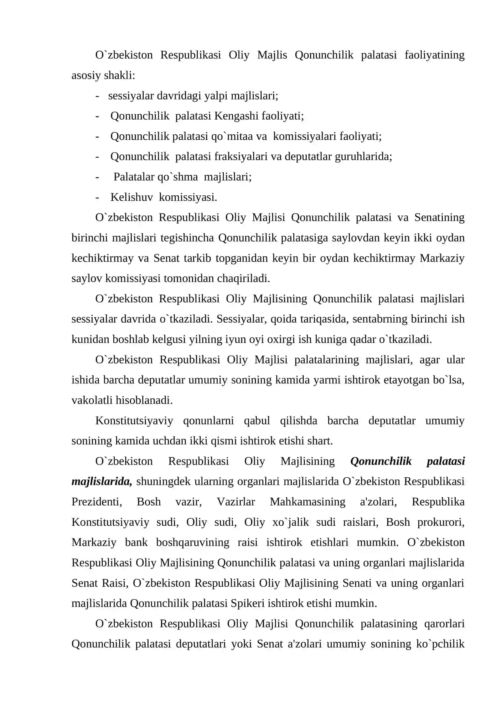 O`zbekiston Respublikasi Oliy Majlisi Qonunchilik palatasi faoliyatining tashkiliy shakllari 2